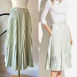 $438 Vince pleated satin midi skirt 2 silvery seafoam green with pockets